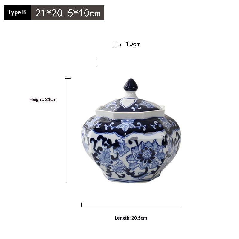 Blue-and-White Porcelain Ceramic Storage Jar Tea Caddy Ornament