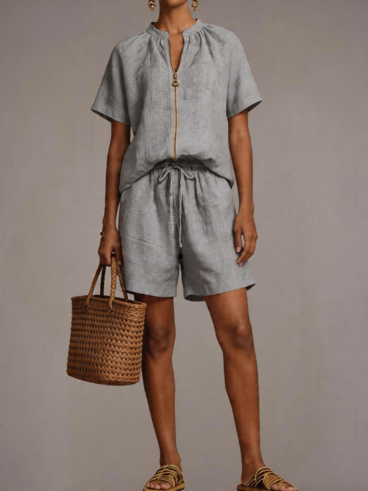 Summer New Solid-color Cotton-linen Short-sleeve Shorts Set