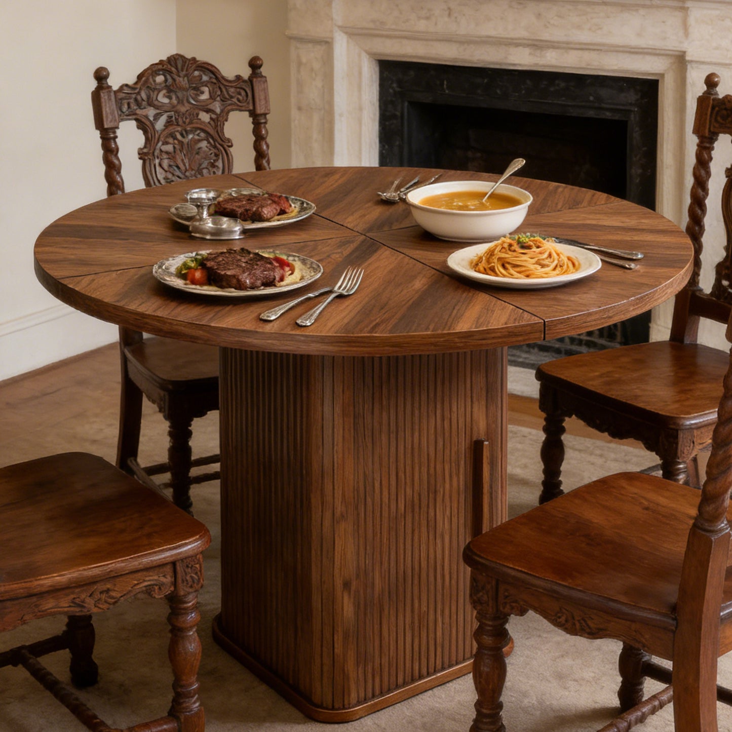 47in Dining Table Exquisite Round Table With 2 Storage Shelf Wood Slide Door And Wooden Base For Dining Room Home Kitchen Canteen