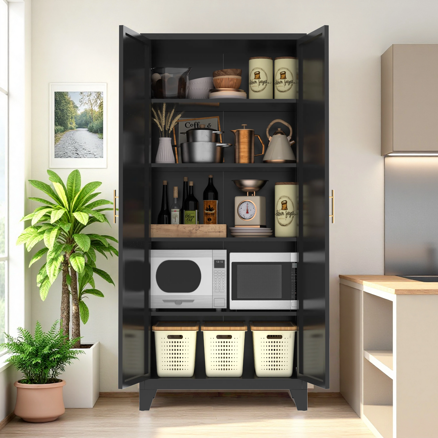 71 2 Shapely Doors Cabinet, Metal Storage Cabinet With Doors And Adjustable Shelves, For Bedroom, Living Room, Kitchen Black
