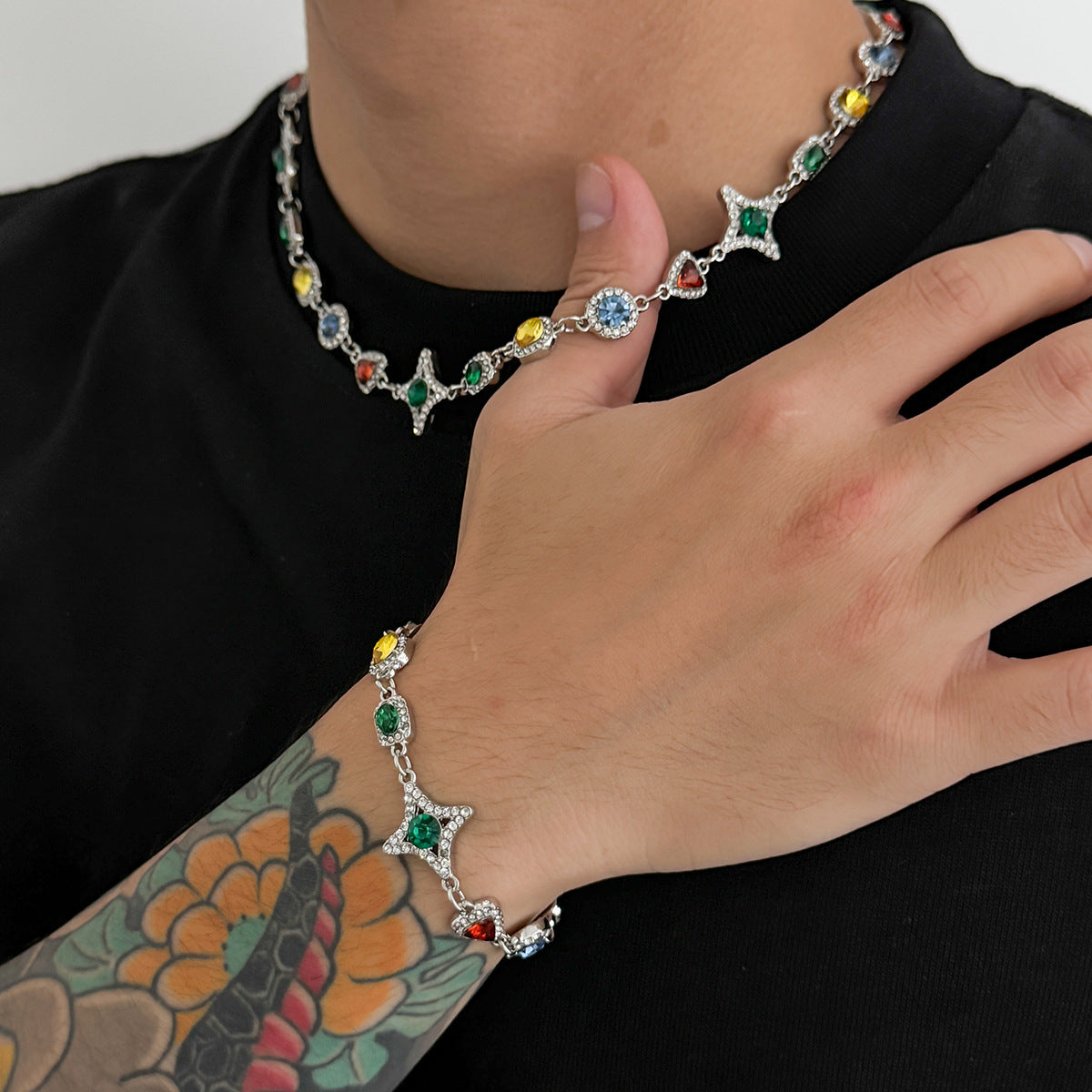 Mens New Colorful Gemstone Cross And Star Set Accessories Necklace