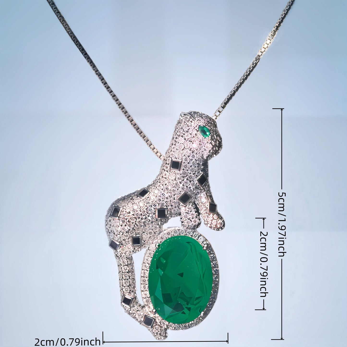 Luxury Leopard Pendant Necklace For Women, Copper Plated Silver Oval Simulated Emerald With White & Black CZ Panther Animal Statement Jewelry Gift