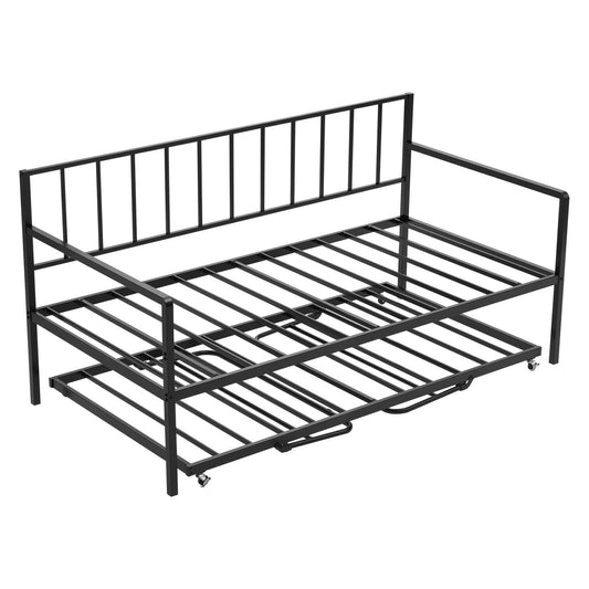 Twin Size Daybed Frame, Height Adjustable Day Bed With Trundle, Heavy Duty Metal Platform Bed Frame With LED Light And Charging Station, Twin Daybed With Metal Slats For Living Room, Bedroom