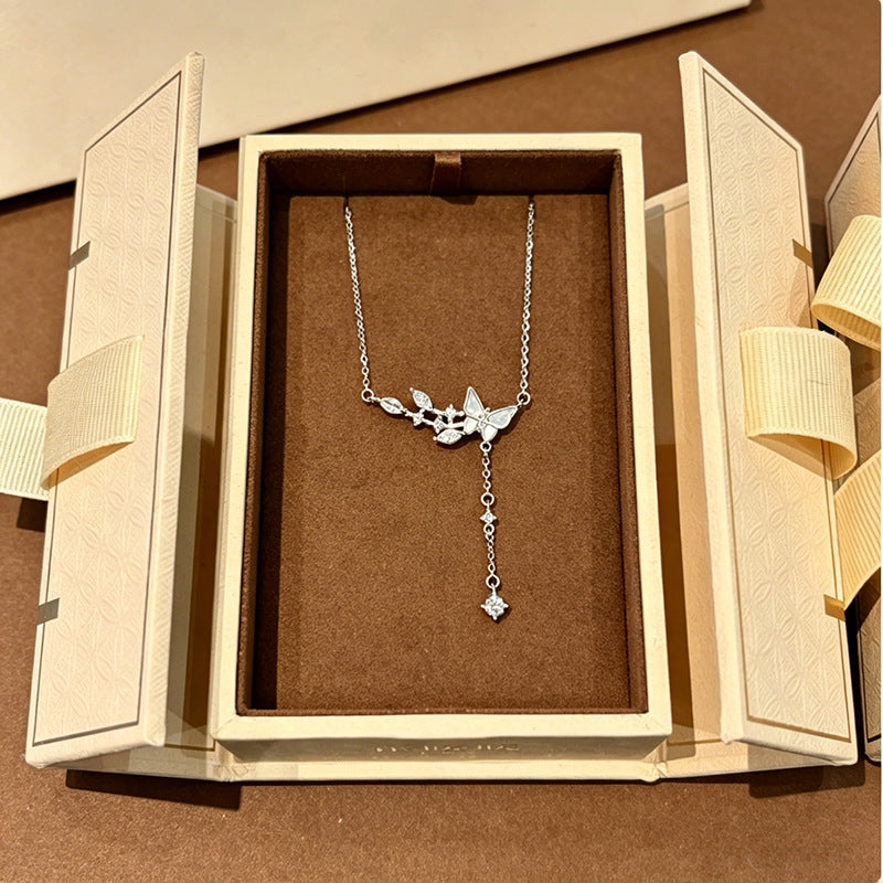 999 Fine Silver Butterfly Necklace With Tassel & White Shell, Forest Style Luxury Clavicle Chain, Gift For Girlfriend & Best Friend