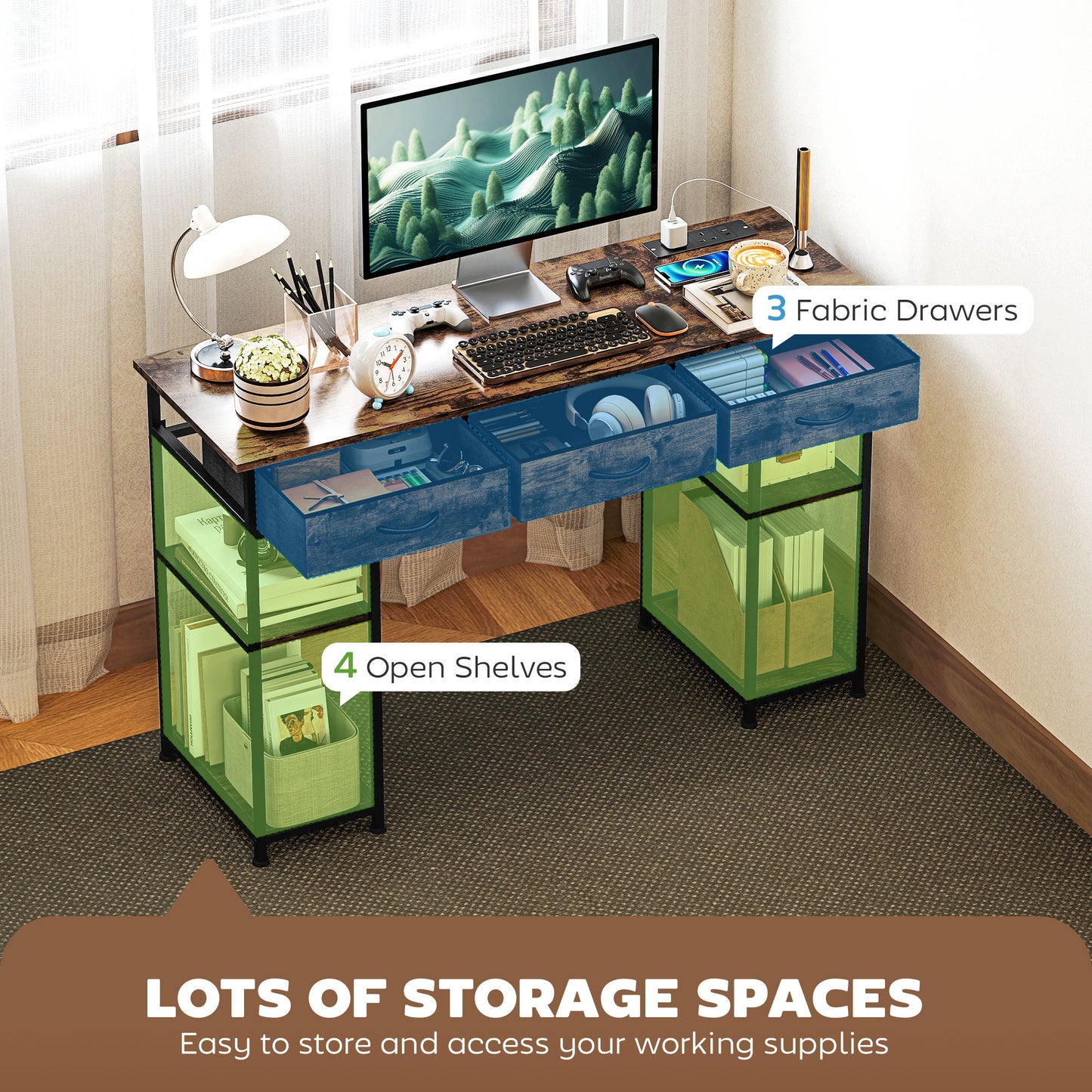 120cm Computer Desk With Power Outlets, Office Desk Study Table With Fabric Drawers And Storage Shelves, Rustic Brown