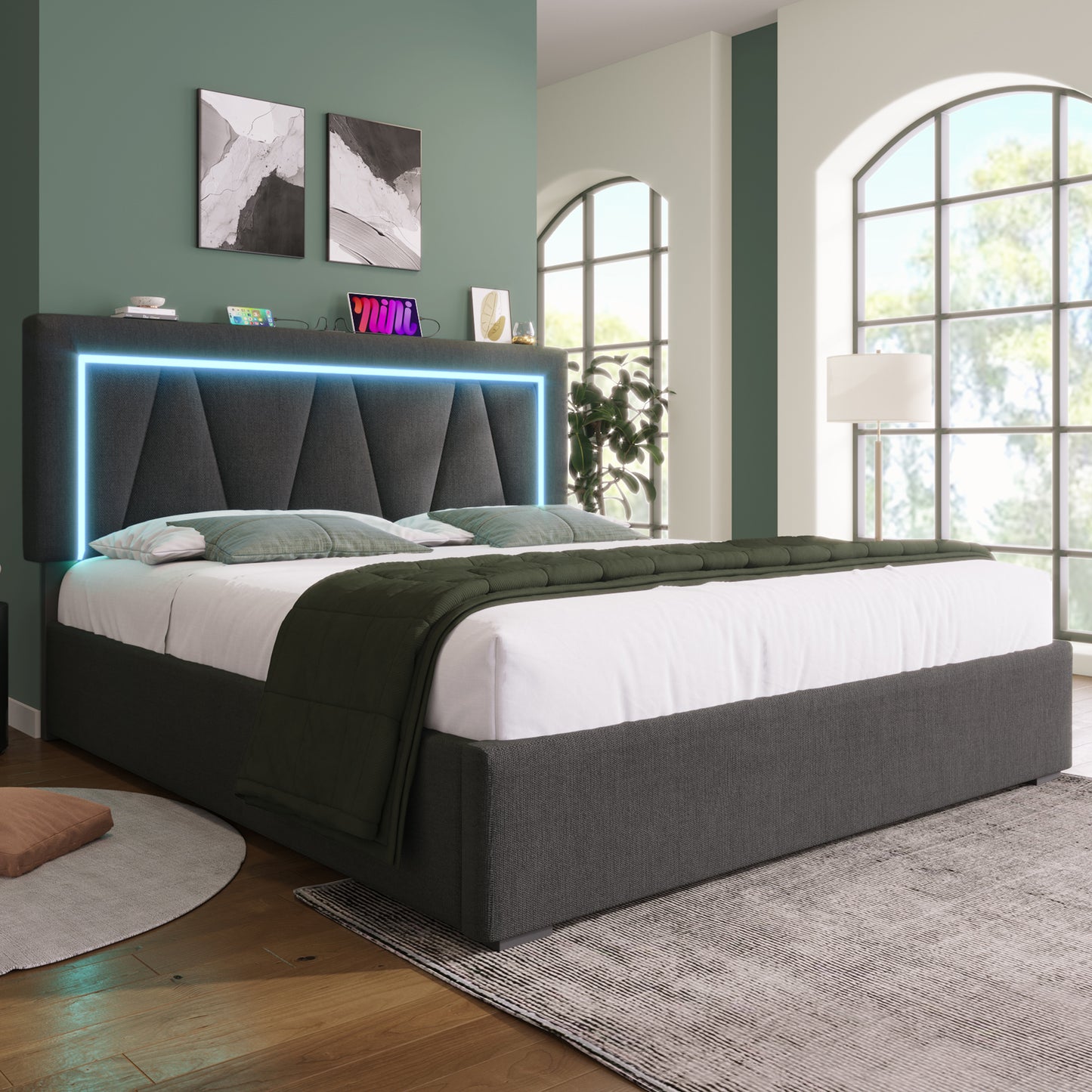 Upholstered Bed LED Double Bed With USB Type C Charging Function And LED Lighting,Storage Beds Bed Frame Made Of Linen Material Youth Bed 160x200 With Slatted Base Without Mattress