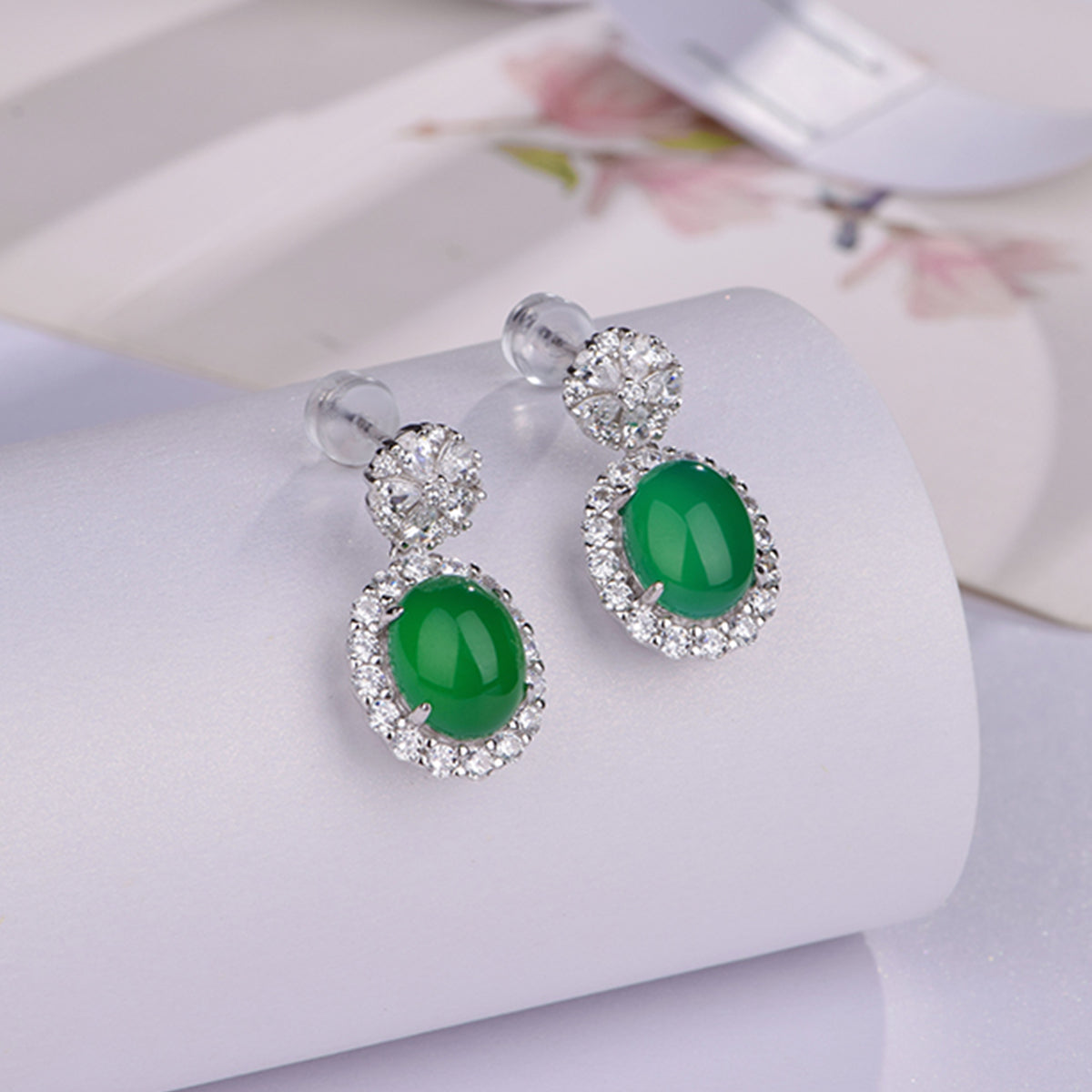 S925 Sterling Silver Dangle Earrings, 8x10mm Oval Green Chrysoprase, Platinum Plated Halo Drop Earrings For Women, Elegant Jewelry Gift Box Set