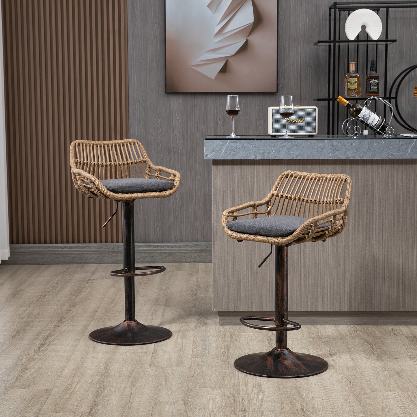 Modern Swivel Bar Stools Set Of 2 Adjustable Counter Height Chairs With Footrest For Kitchen, Dining Room  Gray