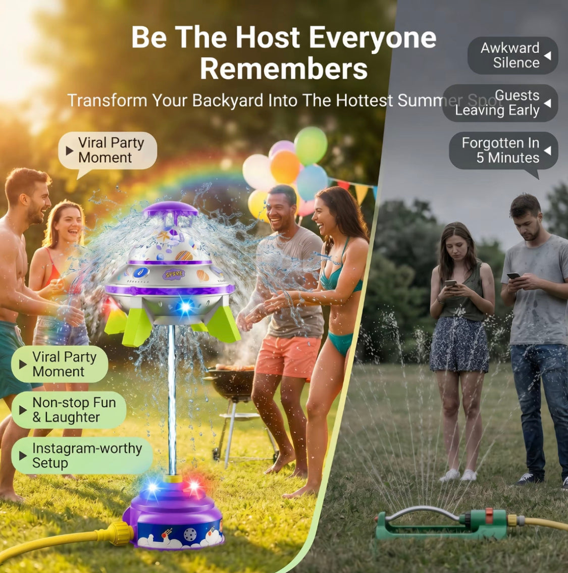 Kids UFO Rocket Water Sprinkler, Flying Saucer Water Launcher With Colorful LED Flashing Lights & DIY Stickers, Outdoor Summer Water Toy For Yard & Garden