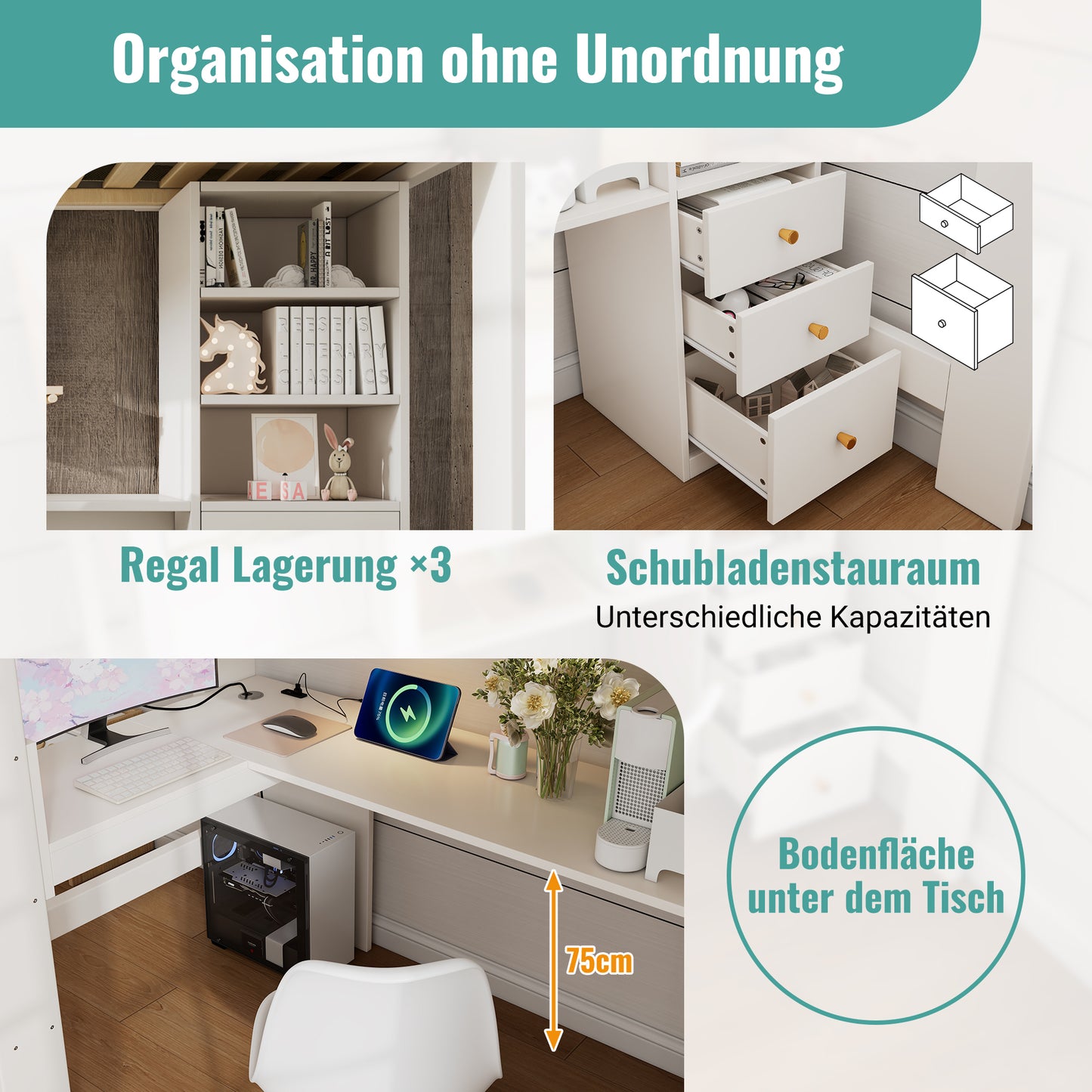 Loft Bed With L-shaped Desk, Shelves And Drawers With USB Type-C Charging Area, Youth Single Bed With Ladder And Wooden Slatted Base, 90x200cm, White, Without Mattress.