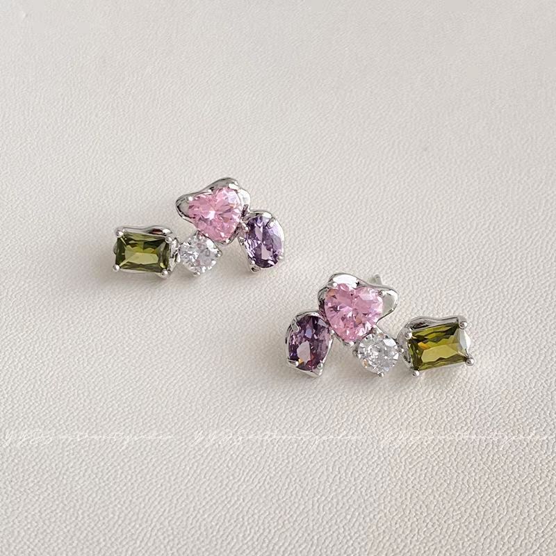 Exquisite Geometric Colorful Zircon Stud Earrings, Light Luxury High-End Dopamine Sweet Personalized Fashion Ear Jewelry For Women