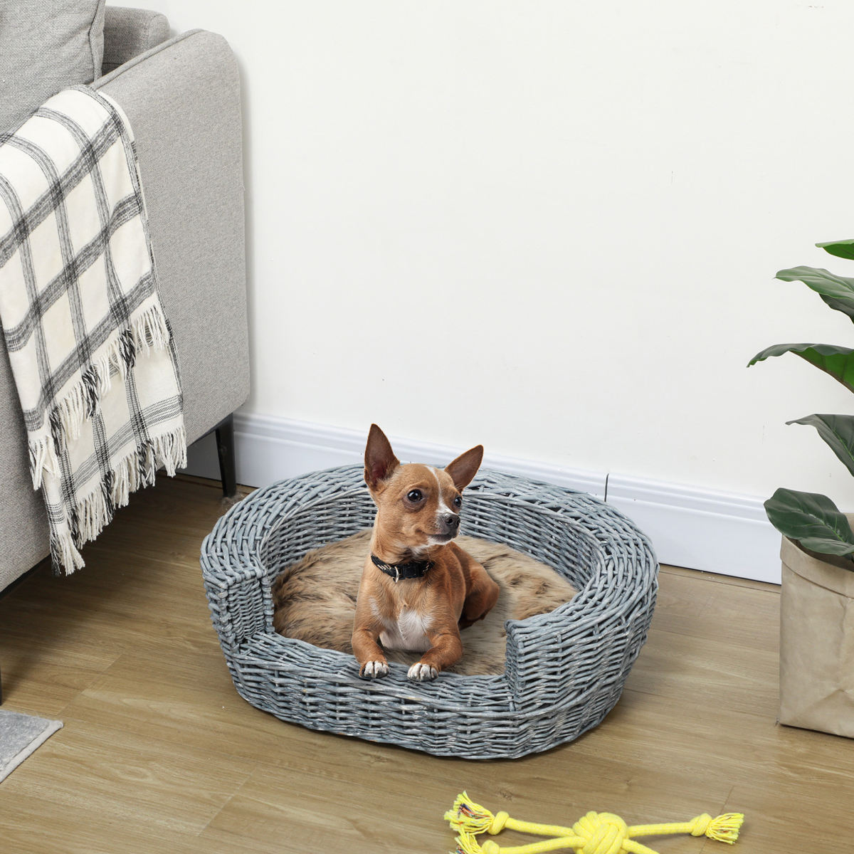 PawHut Wicker Pet Bed Willow Dog Cat Sofa Couch Puppy Basket With Cushion Grey 57L X 46W X 17.5H Cm