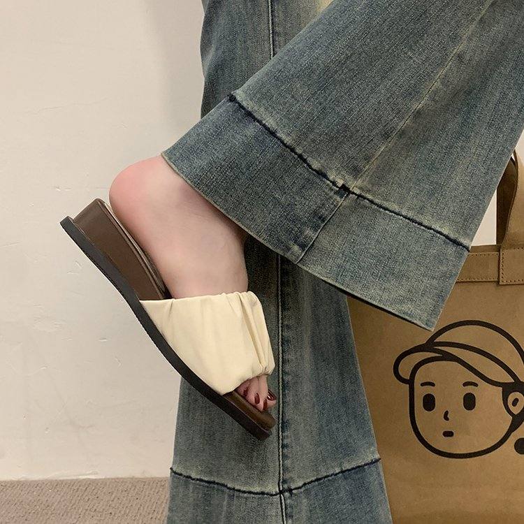 New Arrival Ruched Square Toe Open Toe Platform Slide Sandals, Beach One Strap Sandals