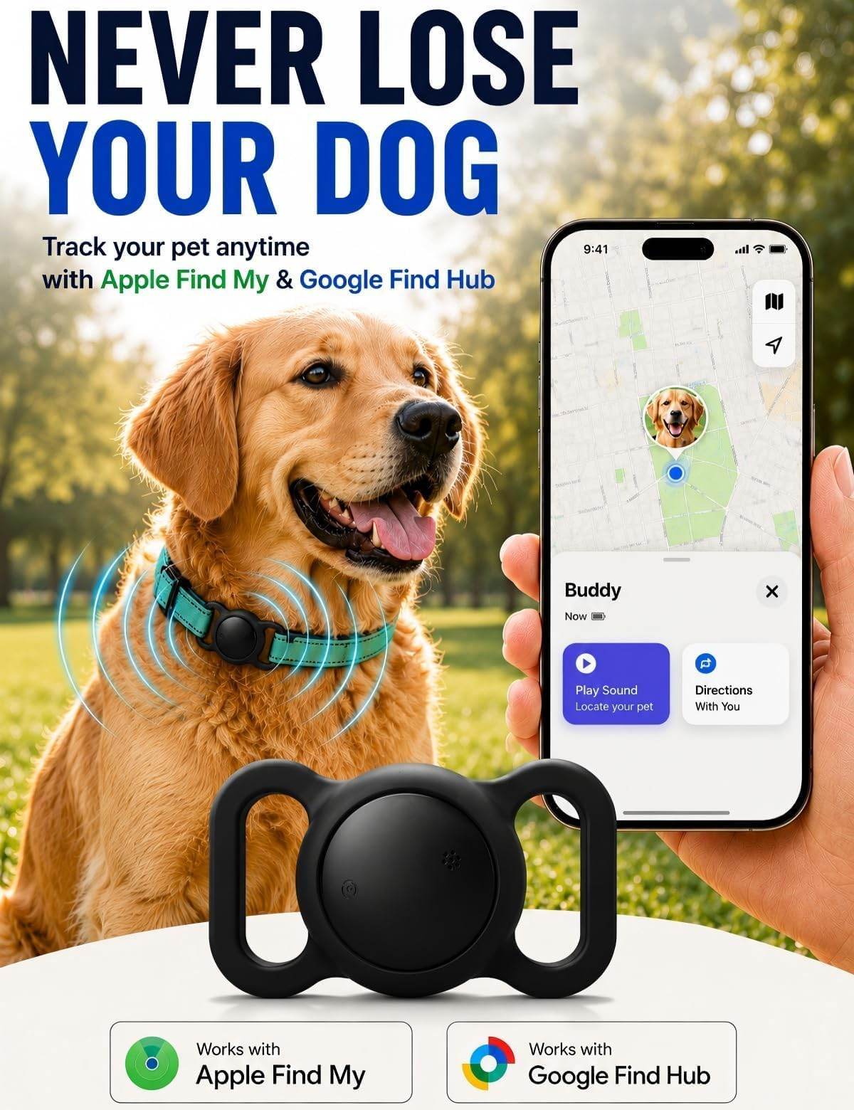 GPS Tracker For Dogs IOS & Android - No Subscription Dog GPS Tracker Collar Smart Cat Real-Time Activity Tracker, Works With Google Find Hub & Apple Find My App, Anti-Lost For Pet Items Kitten