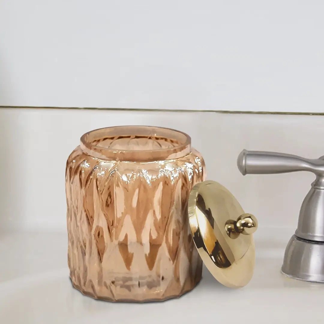 Glacier Amber Vanity Glass Jar  Stylish Storage For Cotton Swabs,Rounds,Balls,Sponges & Bath Salts   Decorative Canister For Bathroom, Bedroom   Amber Finish