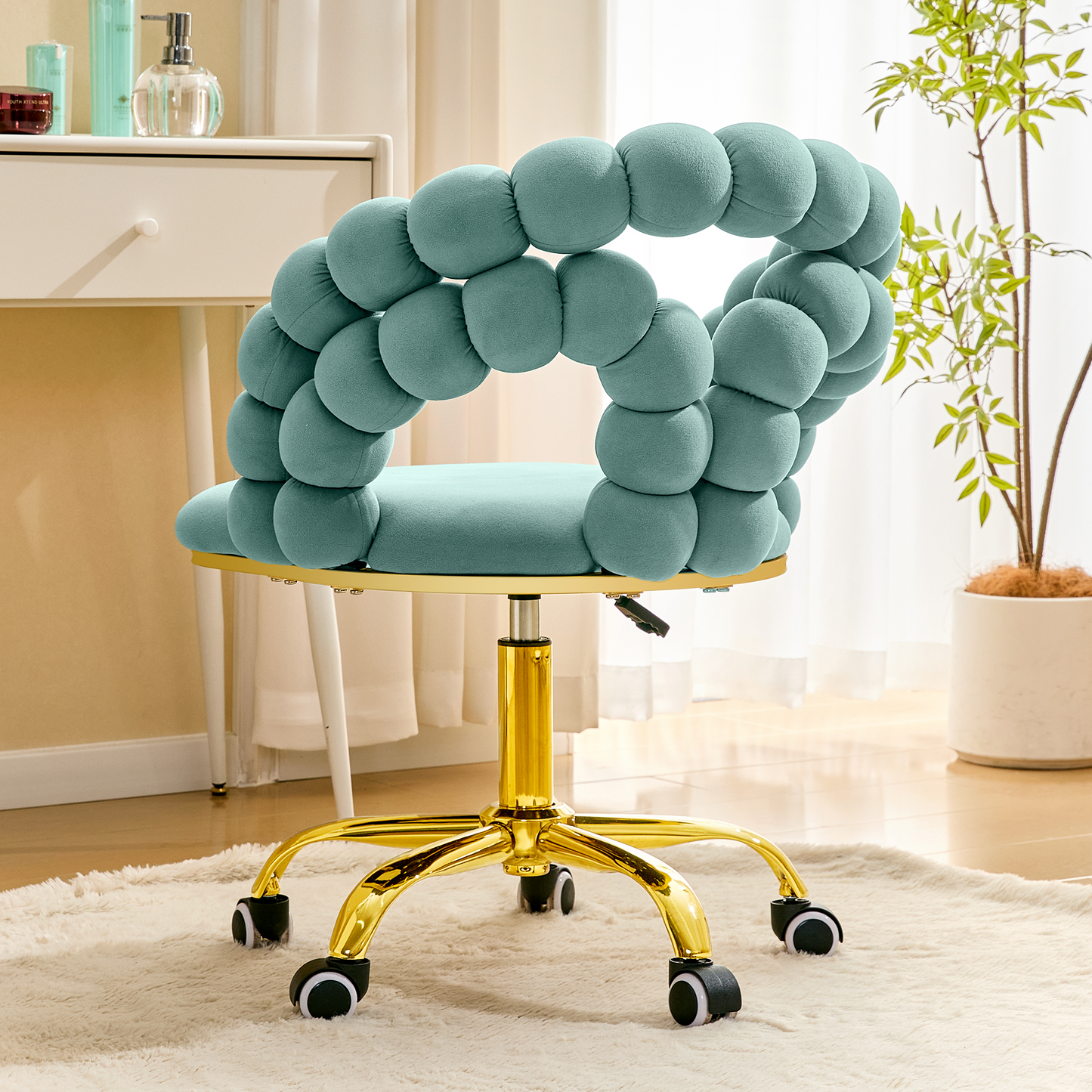 Modern Velvet Adjustable Swivel Desk Chair With Bubble Back, Upholstered Vanity Chair With Gold Metal Base, Rolling Office Chair For Home Office, Bedroom, Makeup Room, Teal  Set Of 1