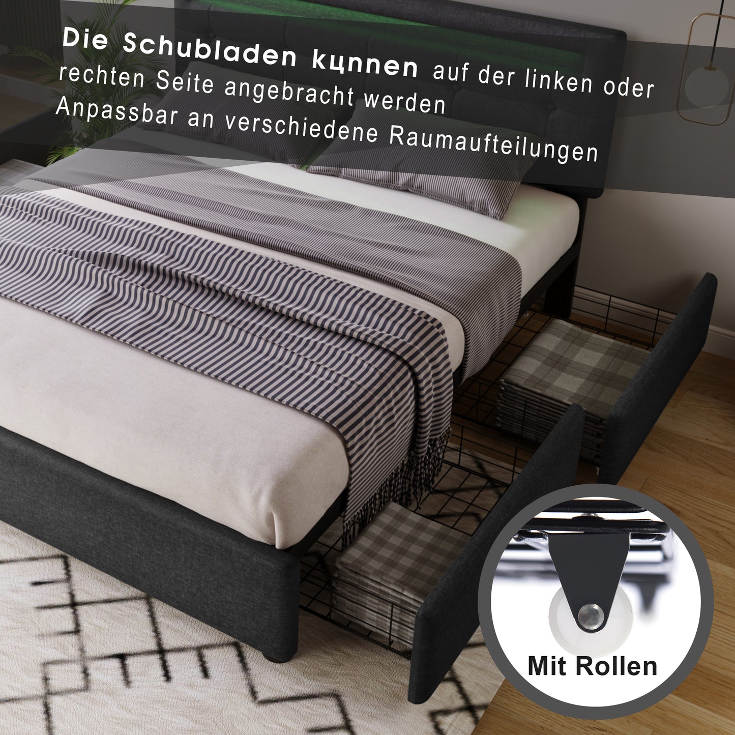 Bed Frame With LED Lighting And 4 Drawers, Double Bed Upholstered Bed 140x200cm, Height-adjustable Headboard, Wooden Slatted Base, Grey Without Mattress