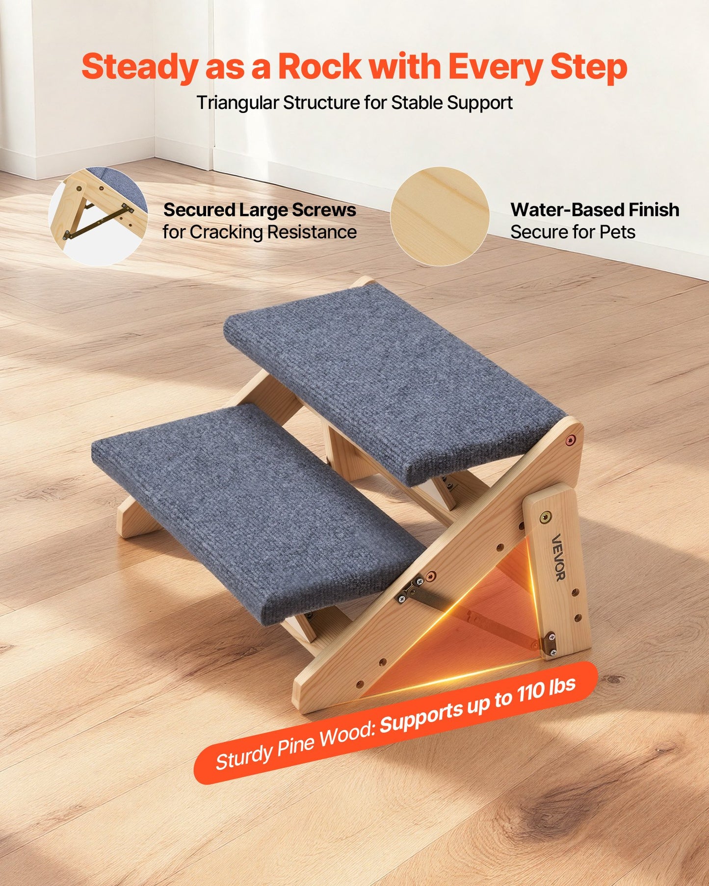 Wood Pet Stairs, 2-Step Dog Stairs For Beds, Sofa & Cars, 110lbs Load Capacity, Floded Flat Design, Stable & Sturdy Cat & Dog Step Ladder For Small Medium Large Older Pet Puppy Essentials