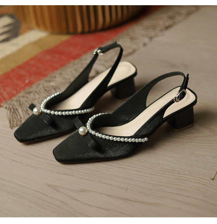 Women Block Heel Closed Toe Sandals, 2026 Summer New Fashion Square Toe Back Strap Pearl Fairy Style High Heel Pumps