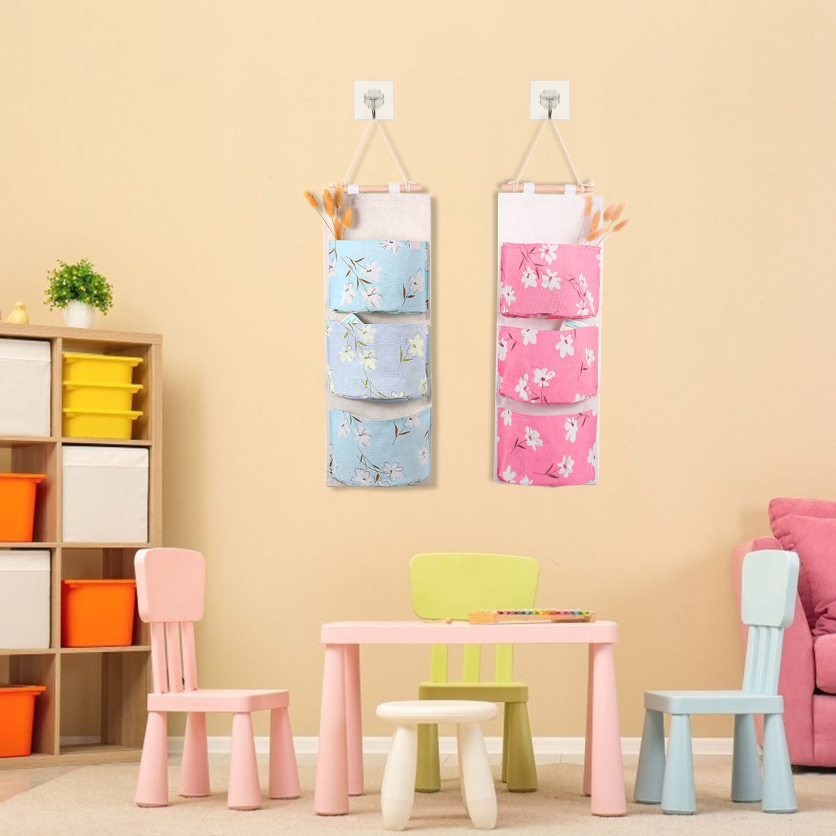 Wall Storage Pouch Set - 3 Pieces, 1 Blue, 1 Green, And 1 Pink, With 3 Self-adhesive Hooks - Party Accessories Set