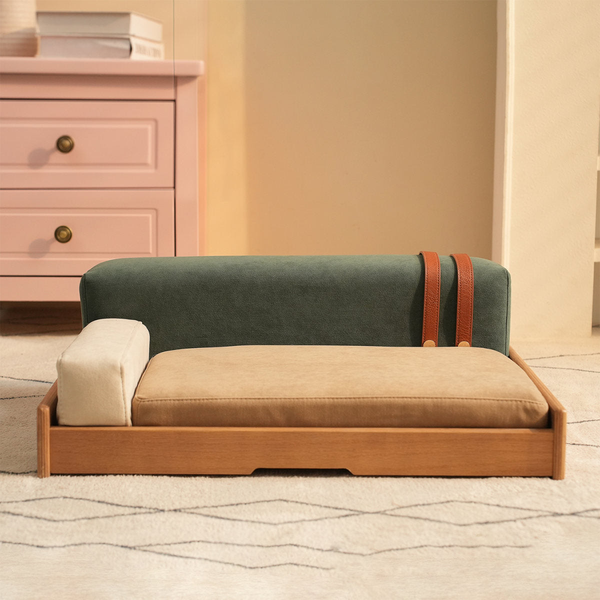 Modern Wooden Pet Bed For Cats & Dogs -Oak Veneer, Scratch-Resistant Fabric, Removable Cushion
