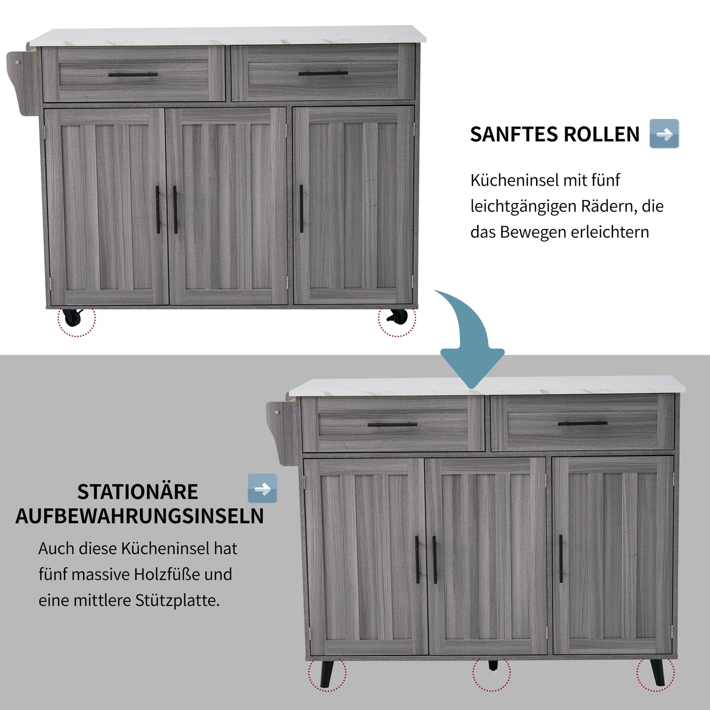 129x46 X91.5 Cm Dining Cart Dining Sideboard, White Marble Countertop And Khaki Gray Wood Grain Cabinet Extendable Countertop Storage Door Design Wheels Solid Wood Legs Switchable Ideal For Home