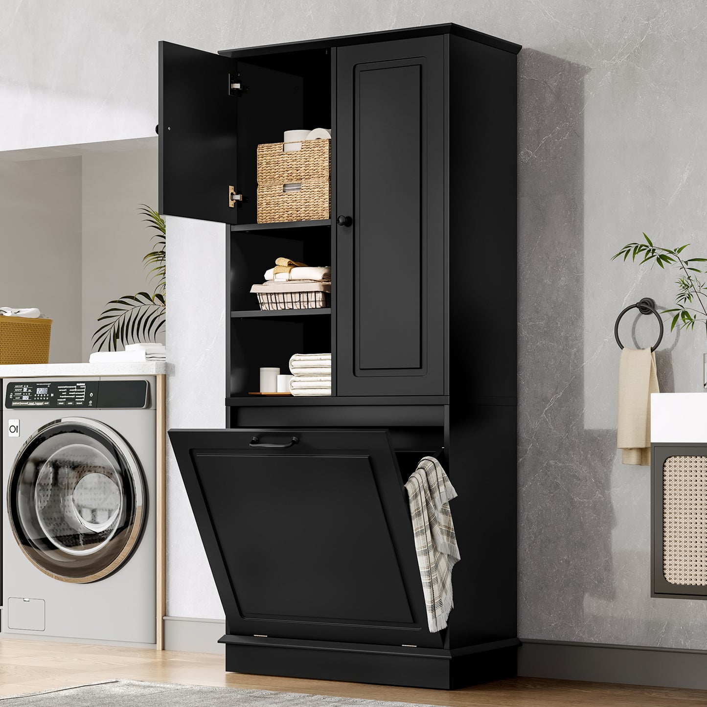 Tall Storage Cabinet With Adjustable Shelves, Large Flip-Out Basket & Enclosed Cabinets -  Perfect For Bathroom, Living Room, Or Office, MDF Material With Aluminum Alloy Handles