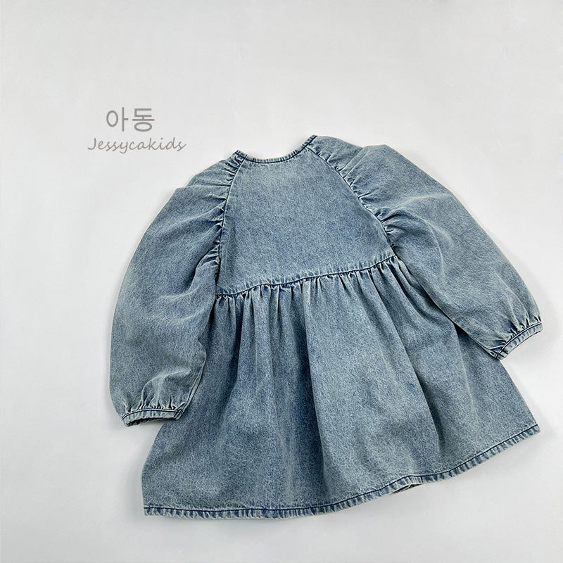 Korean-style Washed Vintage Denim Dress For Girls