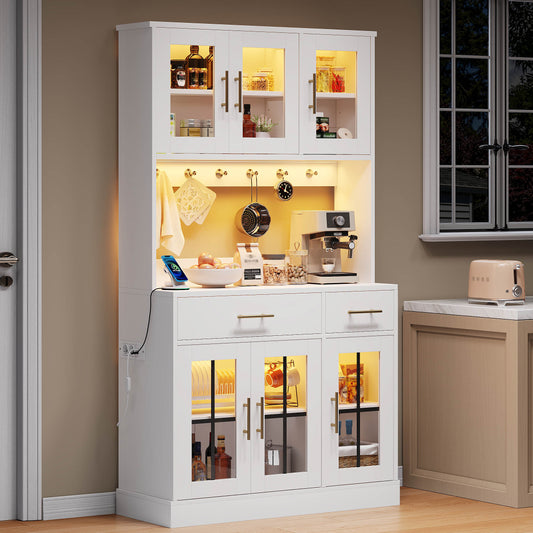 Kitchen Sideboard With LED Strip And Socket, Equipped With 6 Doors And 2 Drawers, Adjustable Shelves For Flexible Storage, Country Style Design, Golden Metal Handles, White, 180 X 100