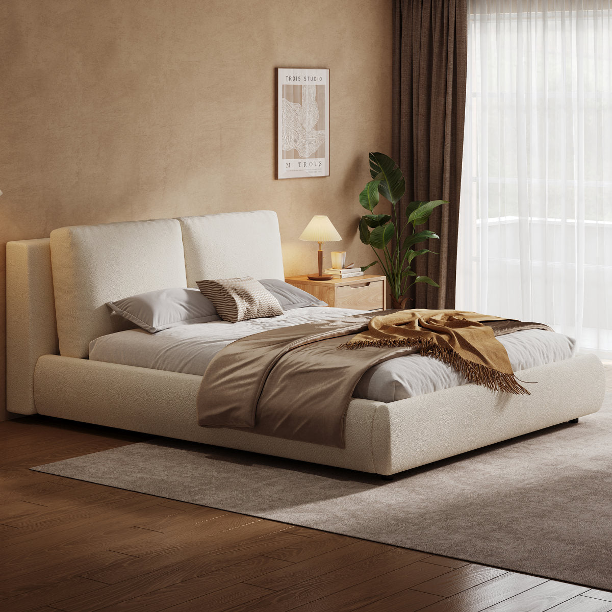 Upholstered Bed, Double Bed, 160x200cm, Hydraulic Functional Bed, Bed With Slatted Base, Headboard And Large Storage Space, Upholstered Headboard, Beige Boucle