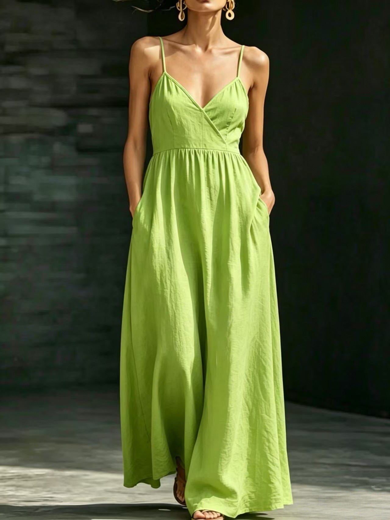 Summer V-Neck Spaghetti Strap Maxi Dress With Pockets - Elegant Vacation & Office Wear For Women