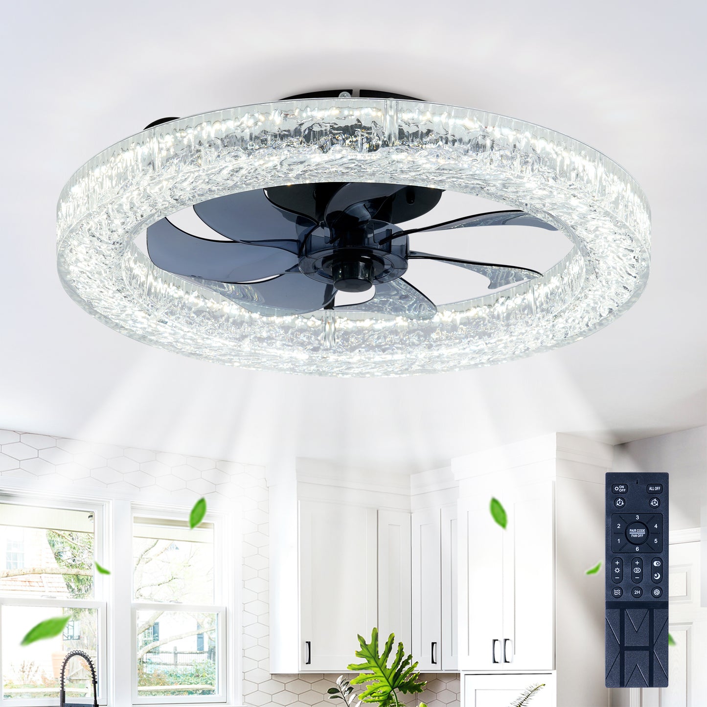 Acrylic Ice Brick Fan Light ,LED Light Source And Remote Control, 3000-6500K Dimmable Modern Flush Mount LED Fan Light, 6 Speeds, Quiet DC Motor For Living Room, Bedroom,Kitchen----Matte Black