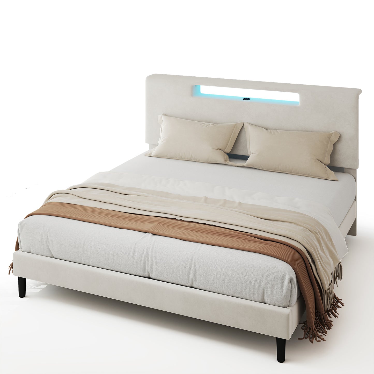 King Size Bed Frame Upholstered High Headboard Mattress Foundation Frame With Adjustable LED Light Charging Function Wood Slat Noiseless No Box Spring Needed Easy Assembly