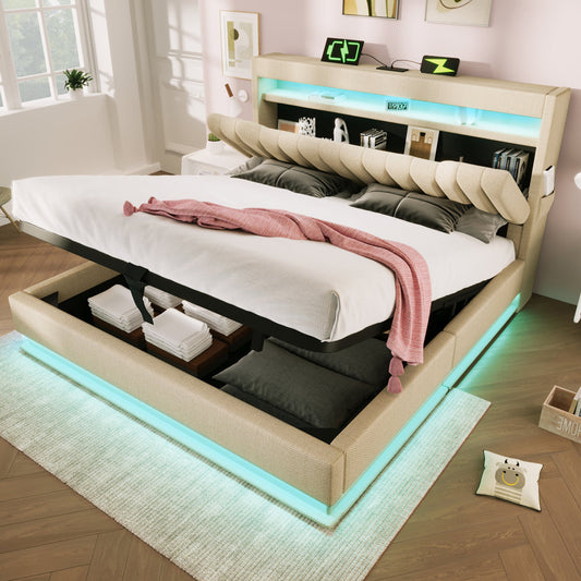 140x190cm Upholstered Bed Double Bed, Storage Headboard With USB And Type-C Ports, LED Lighting At The Head And Foot Of The Bed, With Hydraulic Storage, Beige, Linen.  Without Mattress