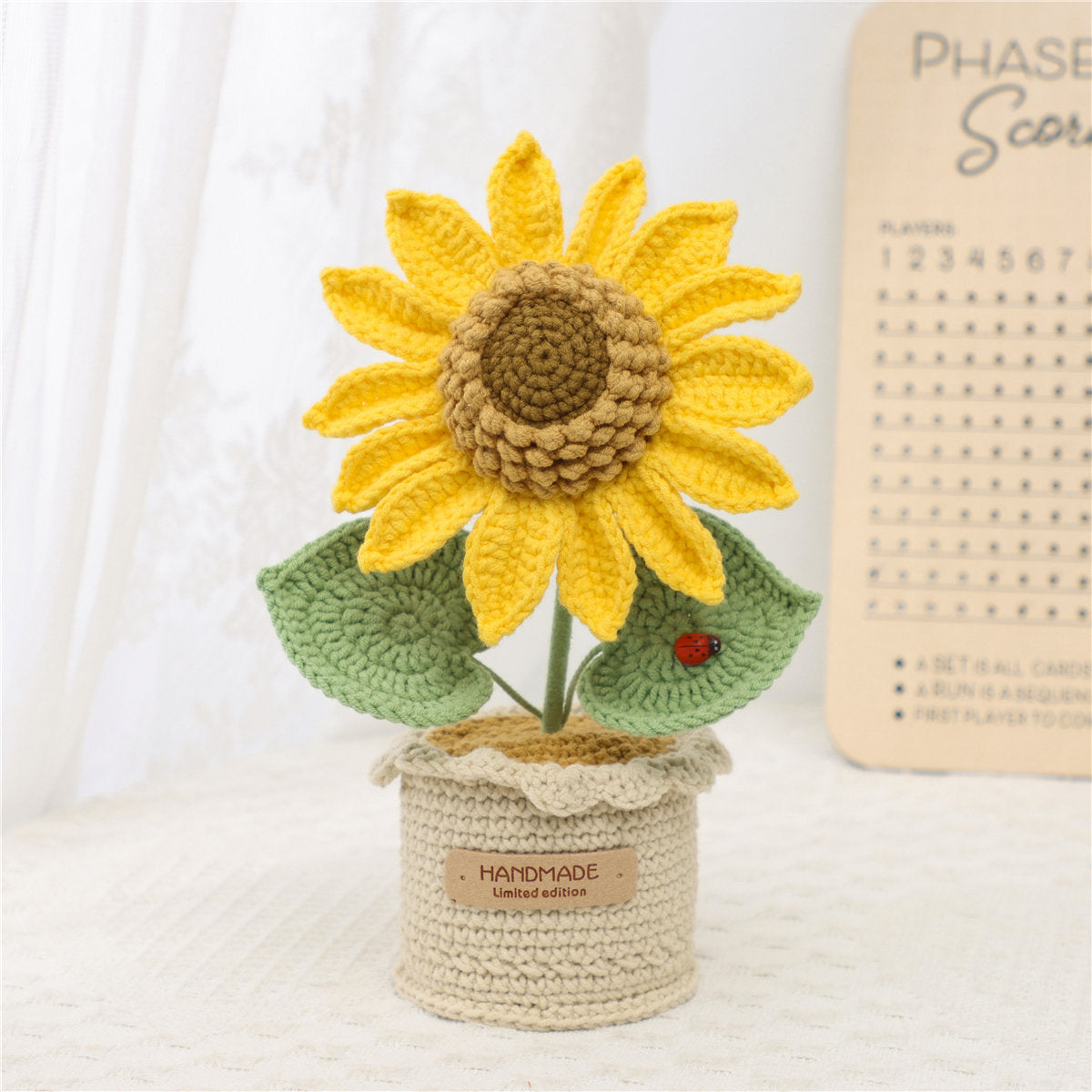 Handmade Crochet Flower Bouquet, Sunflower Matched With Green Leaves And Ladybug Ornament, Soft Yarn Everlasting Crochet Potted Floral Decor, Indoor Home Tabletop Decorative Ornament