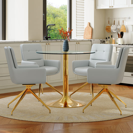 Table & Chair Collection Round, Slightly Luxurious Glass Table With 85 Cm Diameter And Metallic Support Structure, Combined With 4 Light Grey 360 Swivel PU Dining Chairs.