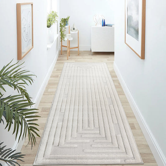 Step Collection High-Low Striped Cream Indoor Runner Rug, 2'2''x8', Modern, Contemporary, Geometric, Bohemian, Bedroom, Kitchen, Living Room, Hallway, Non Shedding Carpet