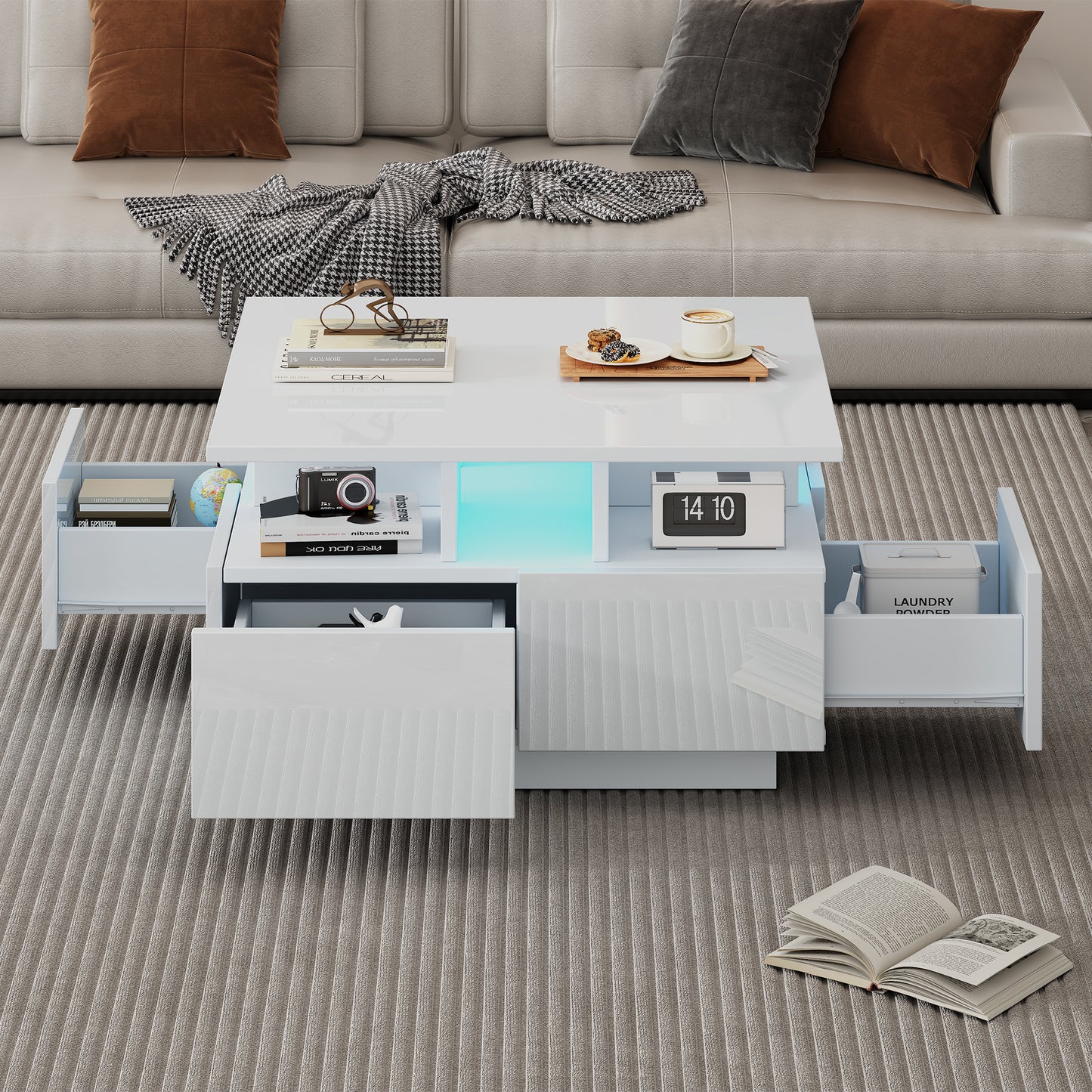 70X70X40cm Living Room Tea Table, High Gloss Coffee Table, Coffee Table With LED Light, Sofa Table With 4 Drawers, Side Table With Geometric Design, White, Total Load Capacity 30kg