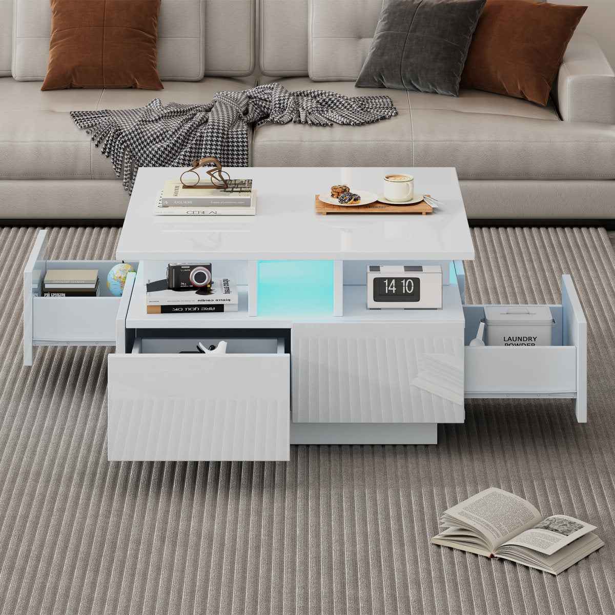 70X70X40cm Living Room Tea Table, High Gloss Coffee Table, Coffee Table With LED Light, Sofa Table With 4 Drawers, Side Table With Geometric Design, White, Total Load Capacity 30kg