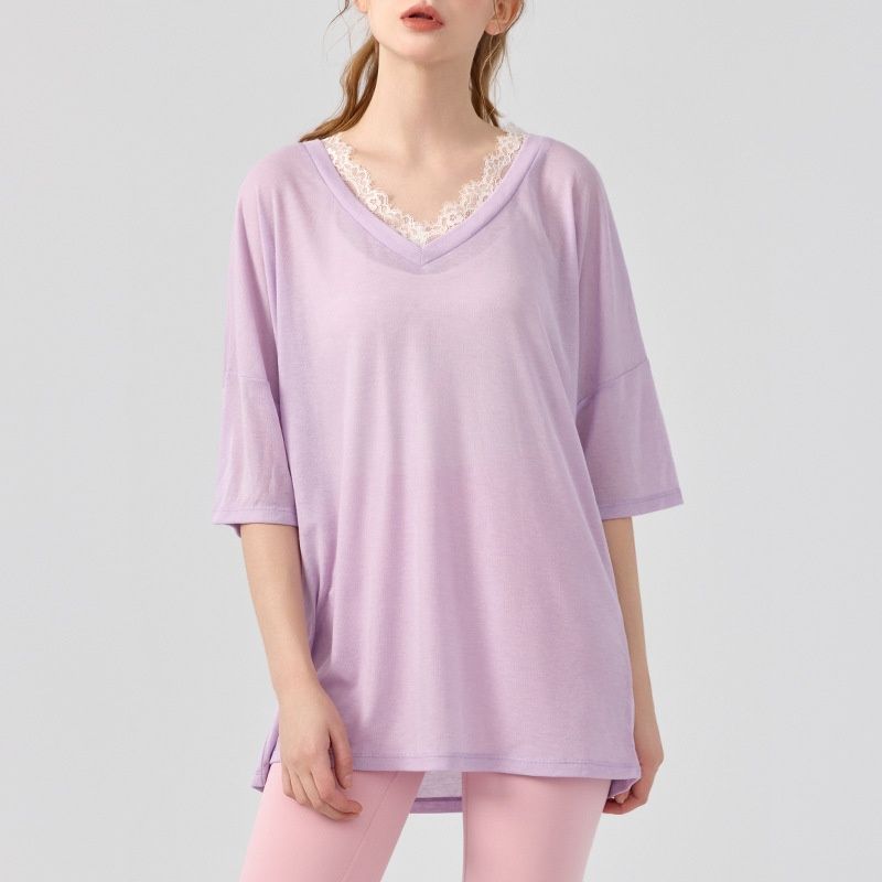Pilates Yoga Clothes V-neck Lace Solid Color Short Sleeve Blouse