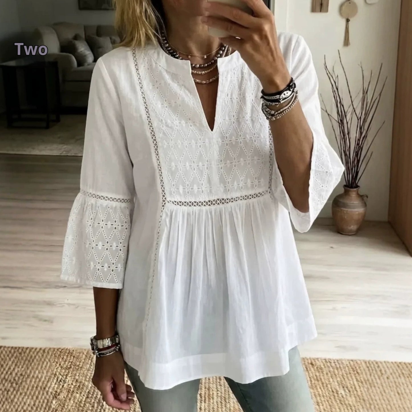 New V-neck Slit-panel Embroidered Three-quarter-sleeve Blouse