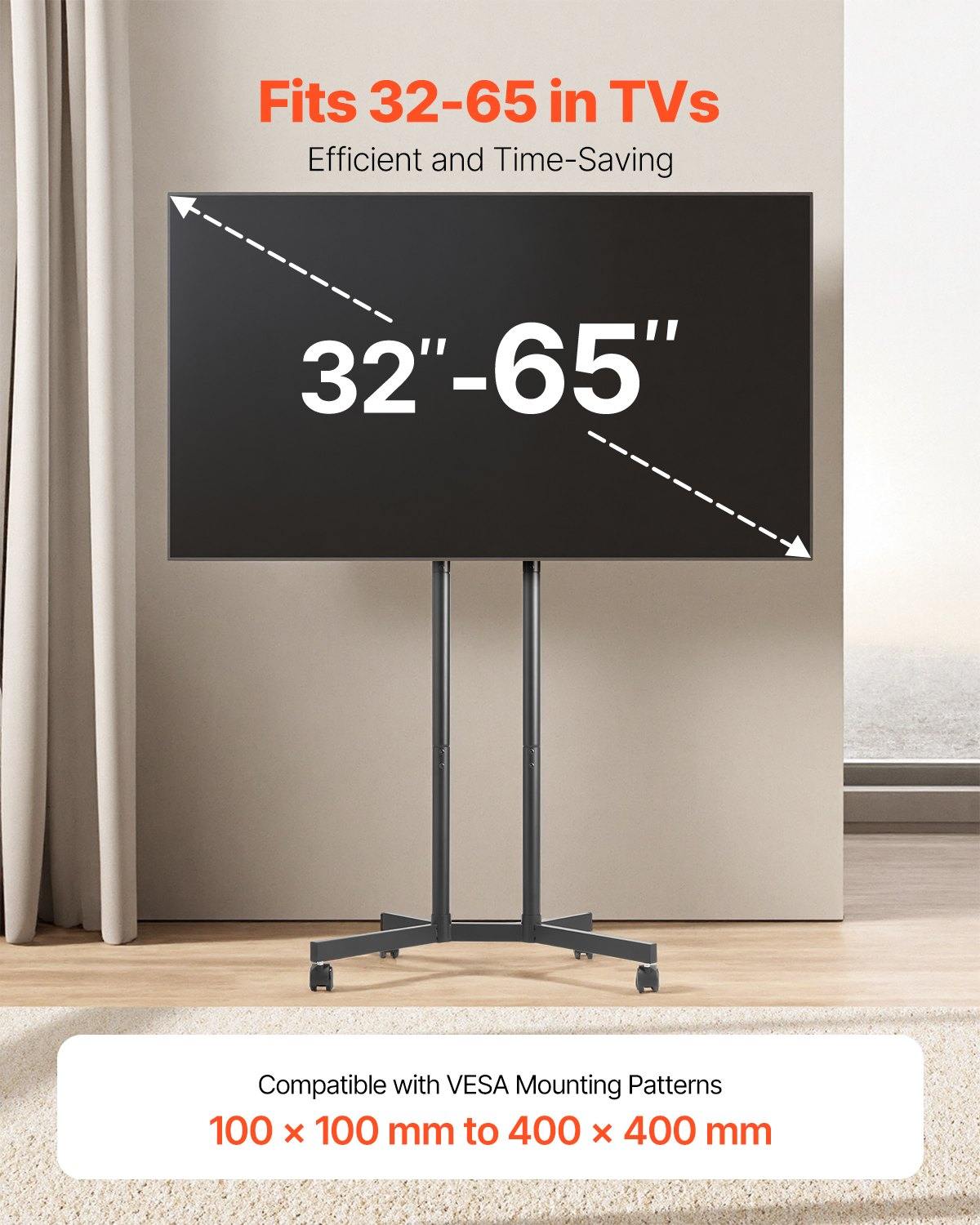 Rolling TV Stand, Mobile TV Cart For 32-65 Inch Screens, Height Adjustable, Portable Monitor Stand With Wheels Holds Up To 88 Lbs For Living Room, Bedroom, Office, Outdoor, Max VESA 400x400mm