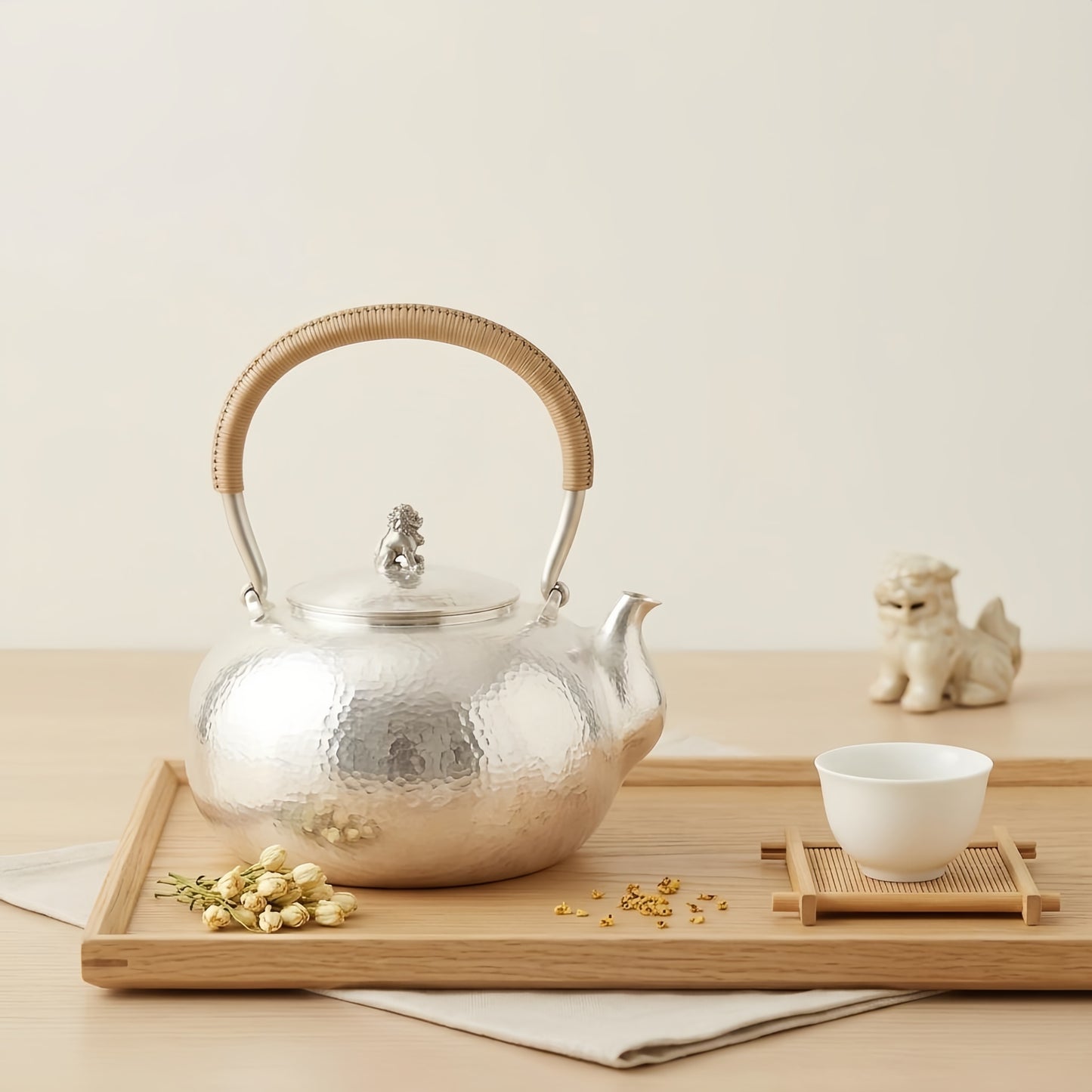 Pure 999 Fine Silver Hammered Silver Tea Kettle with Lion Finial and Rattan-Wrapped Handle - Handicraft