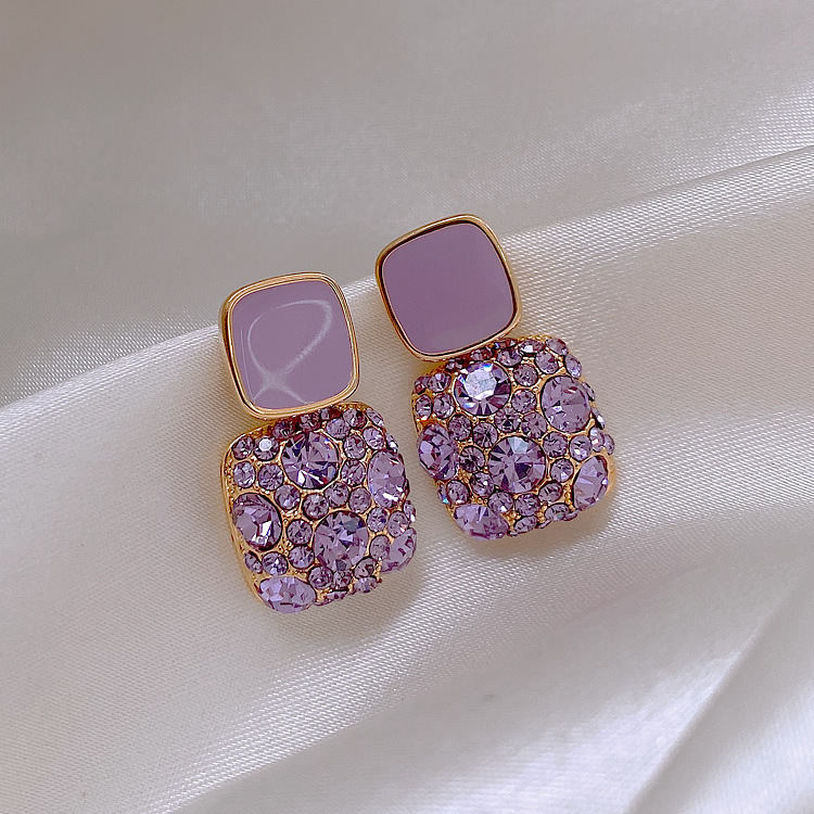Korean Retro Purple Square Full Rhinestone Enamel Dangle Earrings, New Trendy Temperament Internet Celebrity Stud Earrings For Women