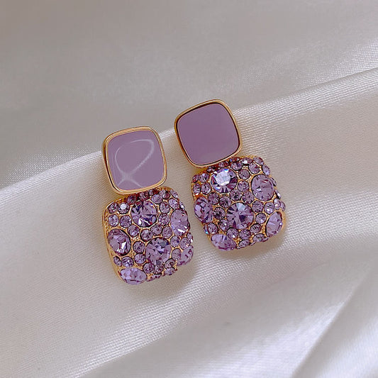 Korean Retro Purple Square Full Rhinestone Enamel Dangle Earrings, New Trendy Temperament Internet Celebrity Stud Earrings For Women