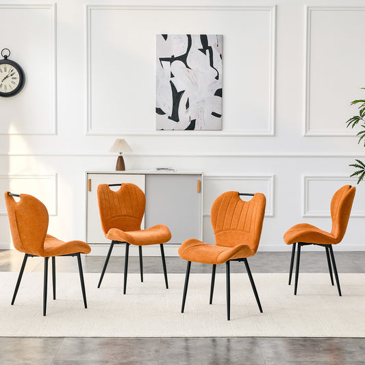 Set Of 4 Orange Fabric Dining Chairs With Integrated Handle.Black Metal Frame, Adjustable Leveling Feet. Home Dining Chairs With Extra-Wide Comfortable Cushion, Versatile For Study Or Vanity Use.