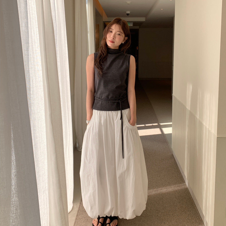 Korean-style Elastic-waist Designer A-line Bloom Versatile Midi Skirt