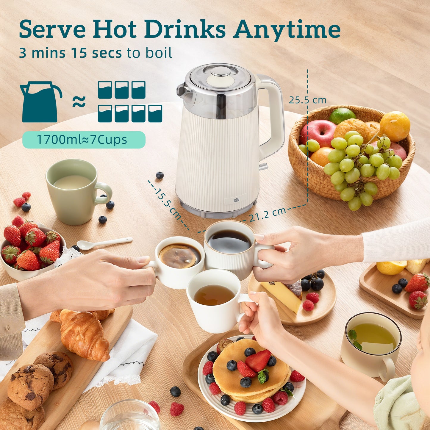 Electric Stainless Steel Kettle And Toaster Set, 3000W 1.7L UK Strix Thermostat Fast Boil Kettle W/ Limescale Filter, Cool Touch Body, 4 Slice Toaster With 7 Browning Levels, Crumb Tray, Cream