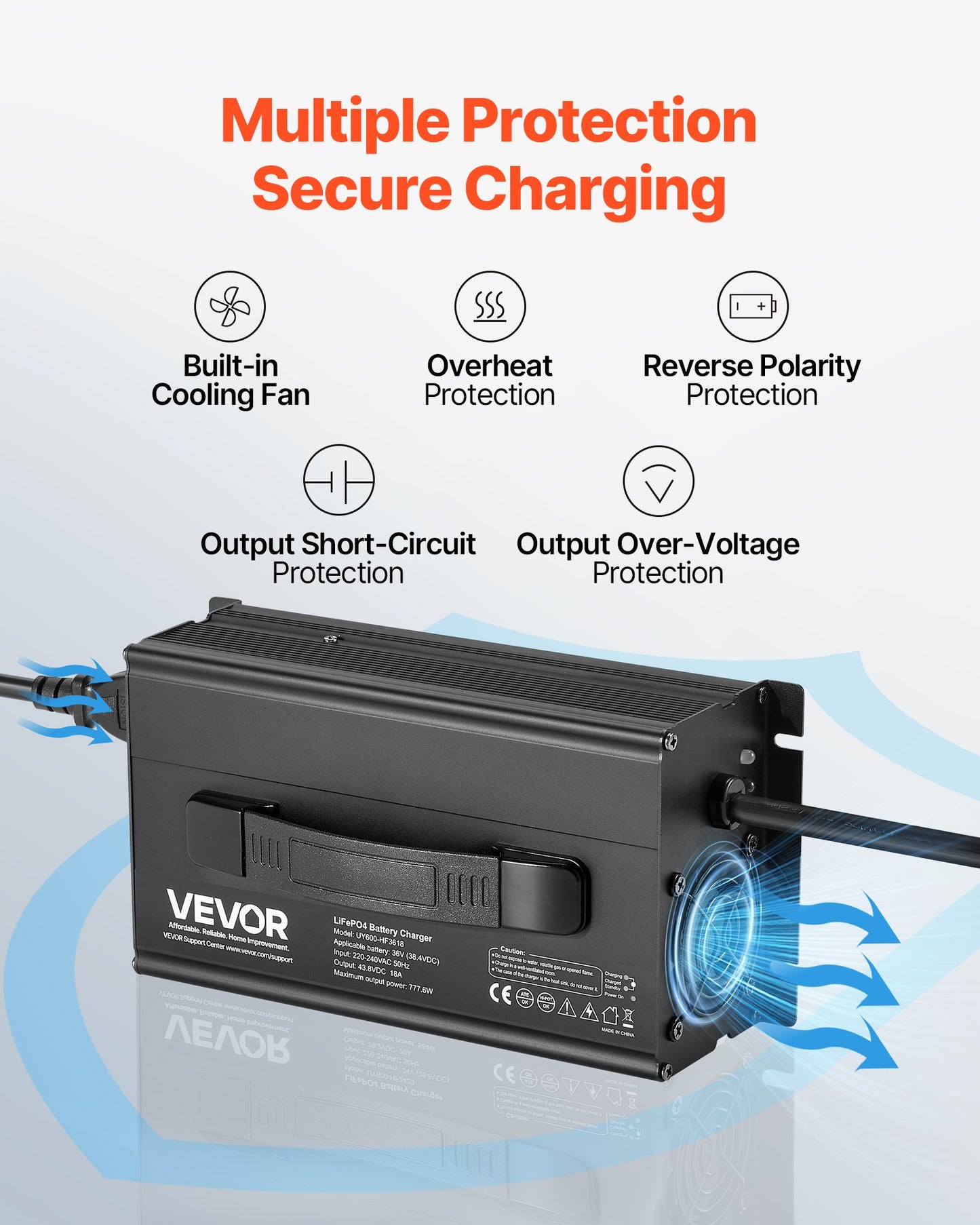36V 18A Lithium Battery Charger 43.8V AC-DC LiFePO4 Smart Charger For RV