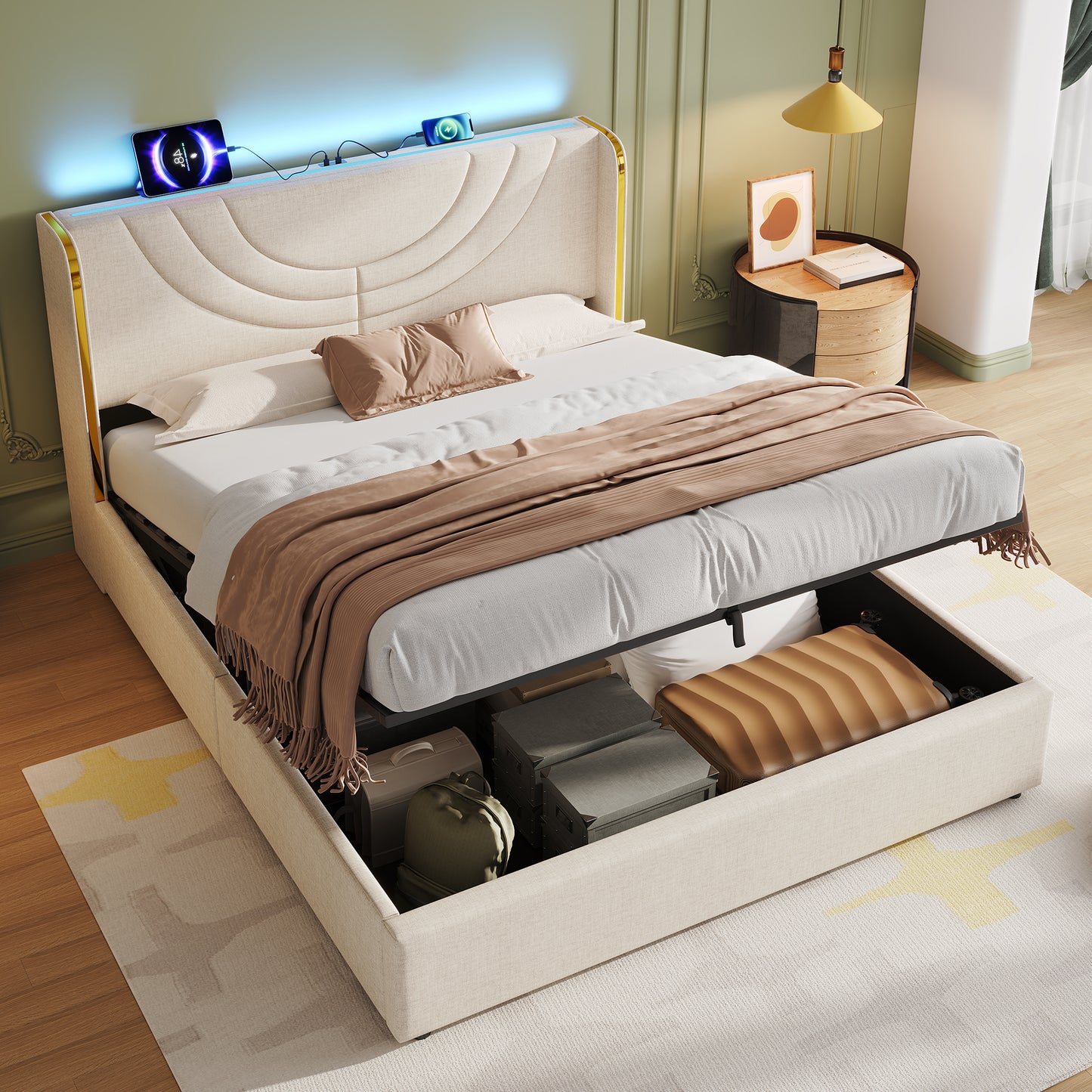5ft King Upholstered Bed Frame With Hydraulic Storage, LED Headboard With Charging Station And Chrome Trim, USB And Type-C Ports, Linen, No Box Spring Needed, Beige  No Mattress